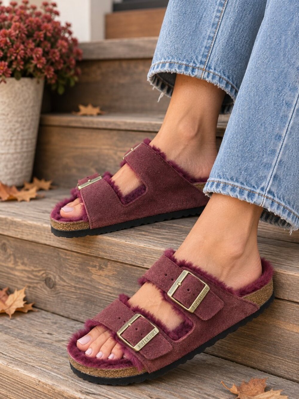 Birkenstock Arizona Shearling Sandals EU 41 Narrow Burgundy Suede Fur Lined